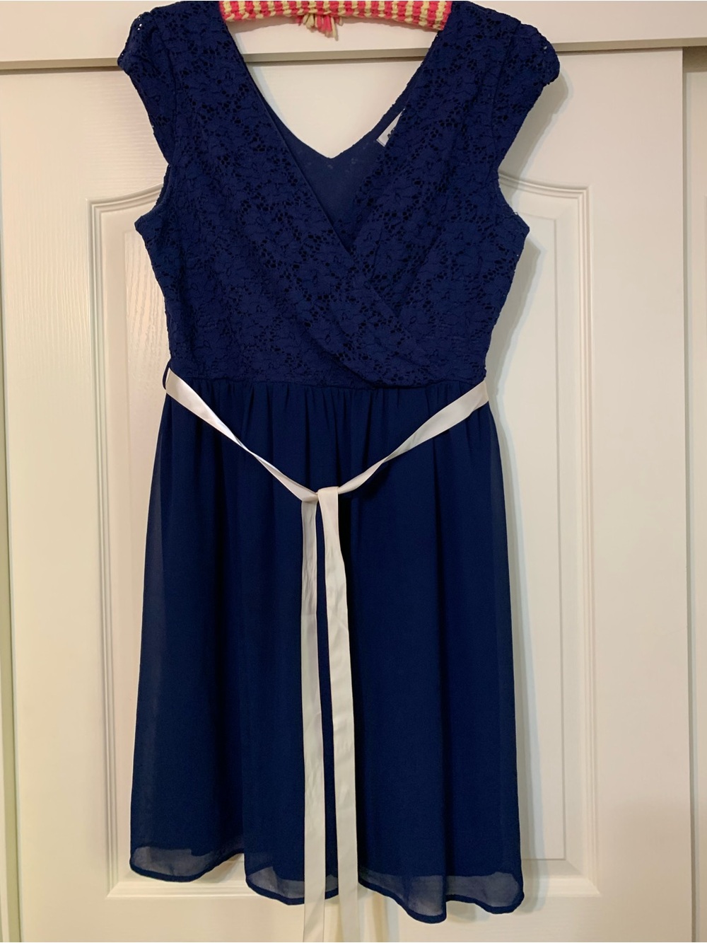 Mystic Navy Lace & Chiffon Dress with White Ribbon